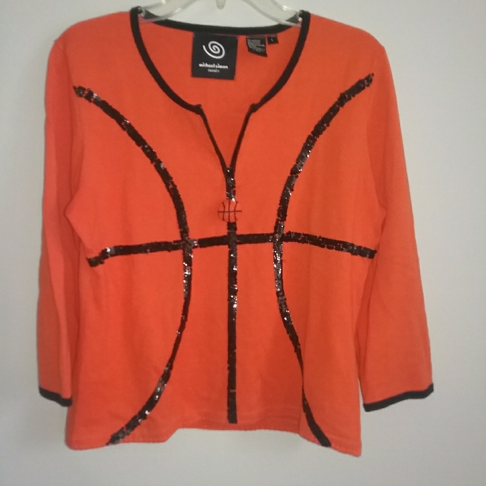 Michael Simon Orange Sequin Basketball Motif Sweater